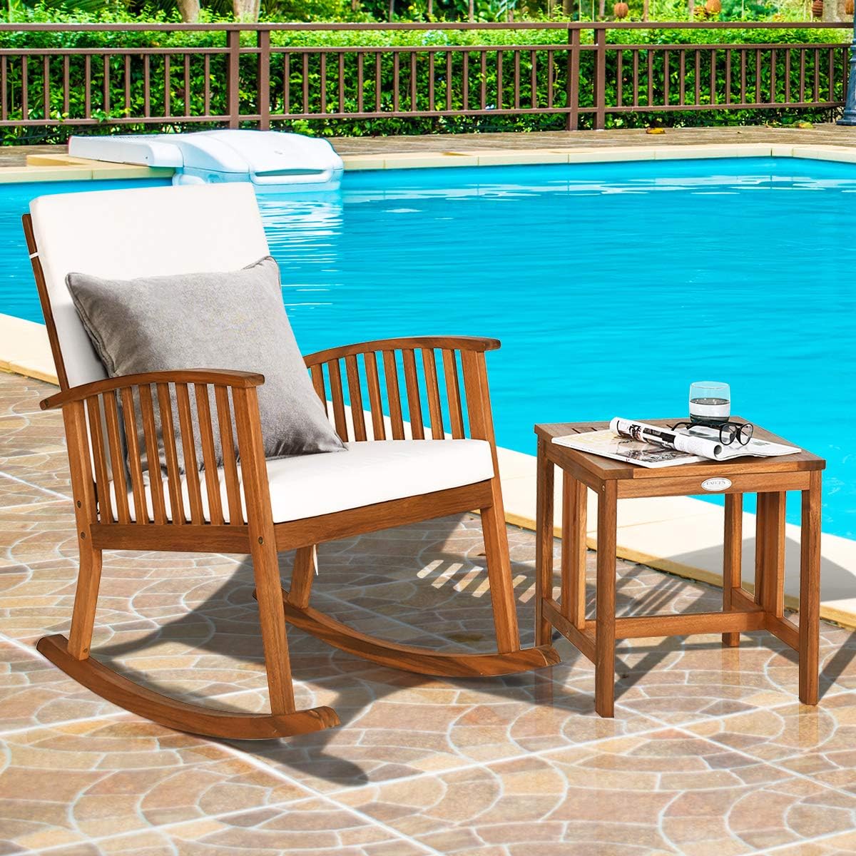 Tangkula Acacia Wood Patio Bistro Set, Outdoor Rocking Chair with Table, Porch Rocker with Thick Cushion of Detachable Cover, Porch Rocking Chair Table Set for Outdoor Indoor Patio Backyard, Teak