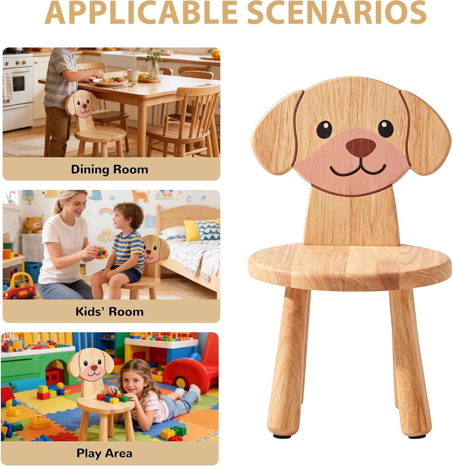 Wooden Step Stool for Toddlers, 2-in-1 Kids Stool & Chair with Cartoon Puppy Design, Solid Rubberwood, Non-Toxic Wood Wax Oil, CPC Certified 250 lbs Capacity, for Classroom Playroom Nursery (Natural)