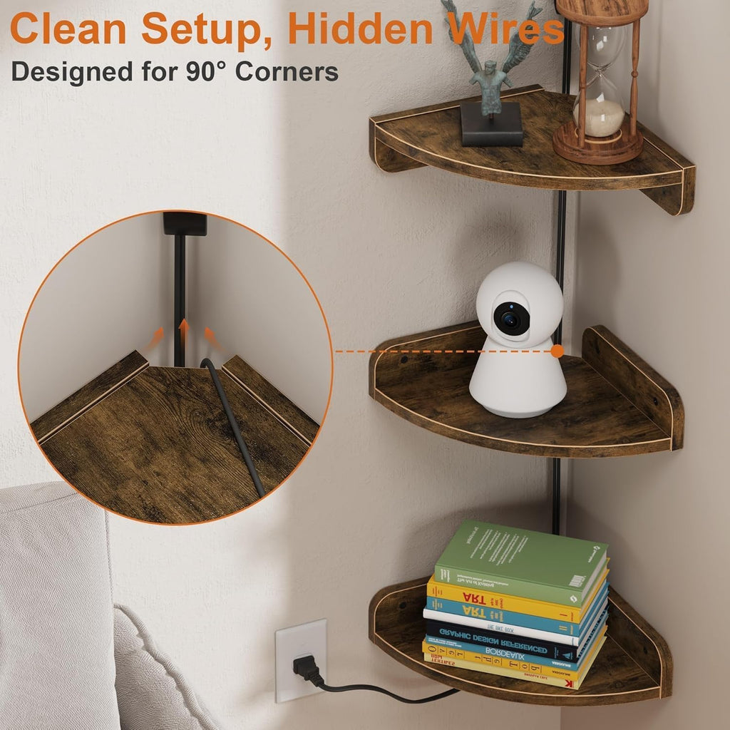 YAOHUOO Corner Shelf Wall Mounted with Light, Set of 3 Corner Floating Shelves with Cord Hole for Cable Box, Round End Wall Mounted Floating Shelf for Bedroom, Living Room and Kitchen, Rustic Brown