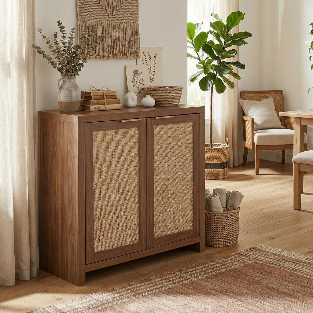 OAKHAM HOME Rattan Sideboard Cabinet with Storage, Buffet Cabinet with 2 Soft-Close Doors, Adjustable Shelves and 110 lbs Top, Storage Cabinet for Living Room, Kitchen, Entryway, Brown