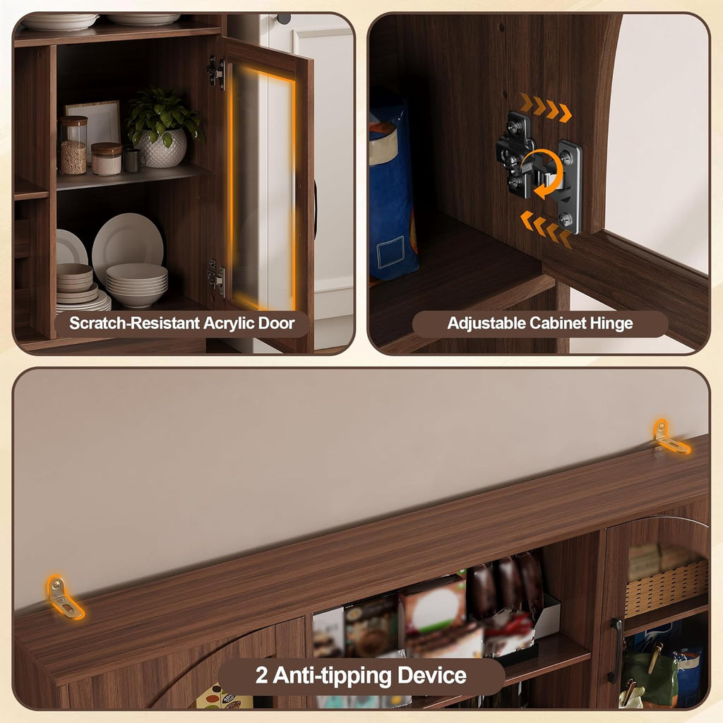 BINGTOO 71" Tall Kitchen Pantry Cabinet with Charging Station, 54" Large Kitchen Hutch with LED Lights & Pegboard, Coffee Bar Cabinet with Wine Rack and Adjustable Shelves (Walnut Brown, 1 Cabinet)