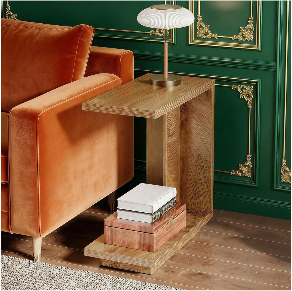 C Shaped End Table, Wood Side Table Nightstand - Bedside Table with 2 Shelves, Modern Living Room Small Accent Table