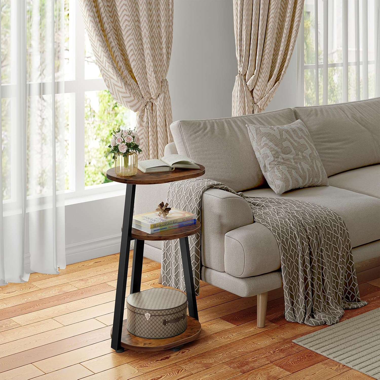 Kalrin Side Table, Small End Table with Metal Frame, 3-Tier Bedside Tables, Round Side Tables for Living Room Bedroom Couch Bathroom, Oval, Vintage Brown