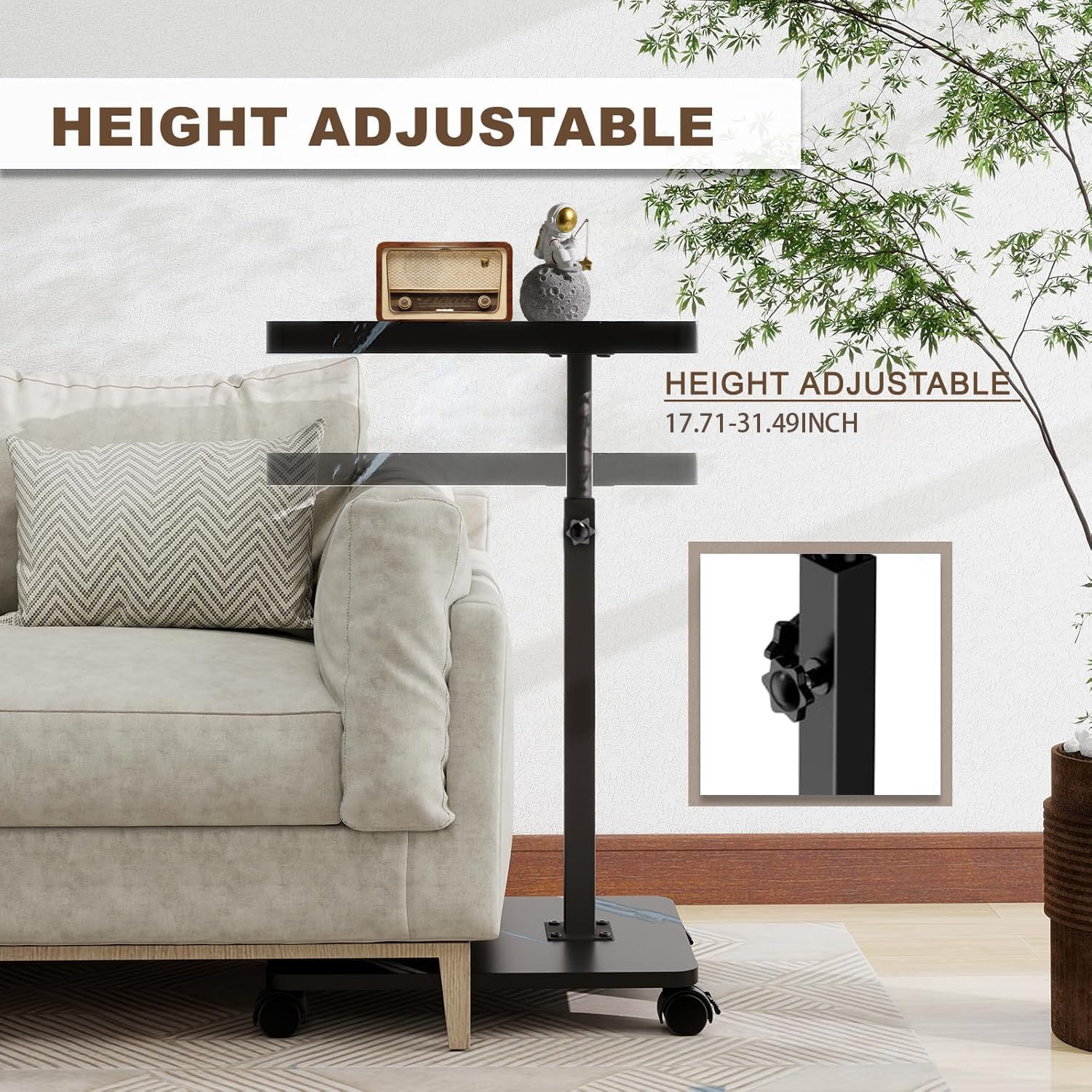 Adjustable C Shaped Side Table, C Table End Table with Wheels for Sofa, 360° Swivel Sofa Table for Livingroom,Bedroom,Study and Small Spaces (Marble Black White)