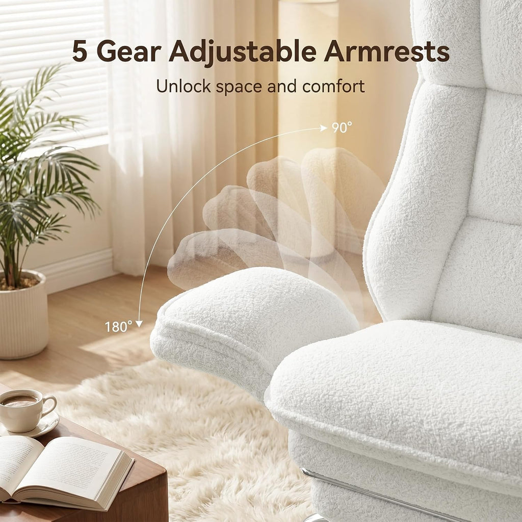 Criss Cross Office Chair with Flip Armrests, Big and Tall Criss Cross Chair with 6.7″ Plush Seat & Footrest, 135° Reclining Cross Legged Office Chair, Sherpa Fleece,White