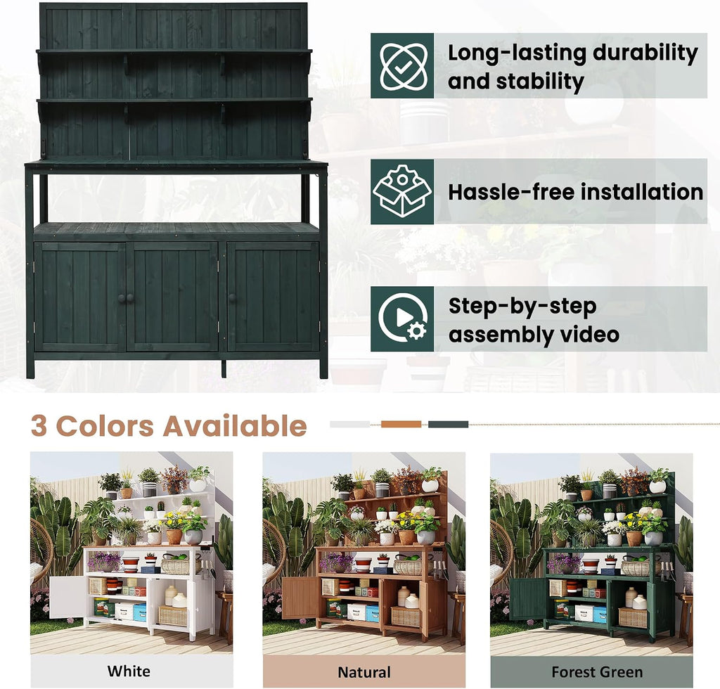 66'' Outdoor Wood Potting Bench Table, Farmhouse Garden Workstation with 2 Shelves, 2 Cabinets & 3 Side Hooks for Backyard, Mudroom, Green