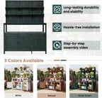 66'' Outdoor Wood Potting Bench Table, Farmhouse Garden Workstation with 2 Shelves, 2 Cabinets & 3 Side Hooks for Backyard, Mudroom, Green
