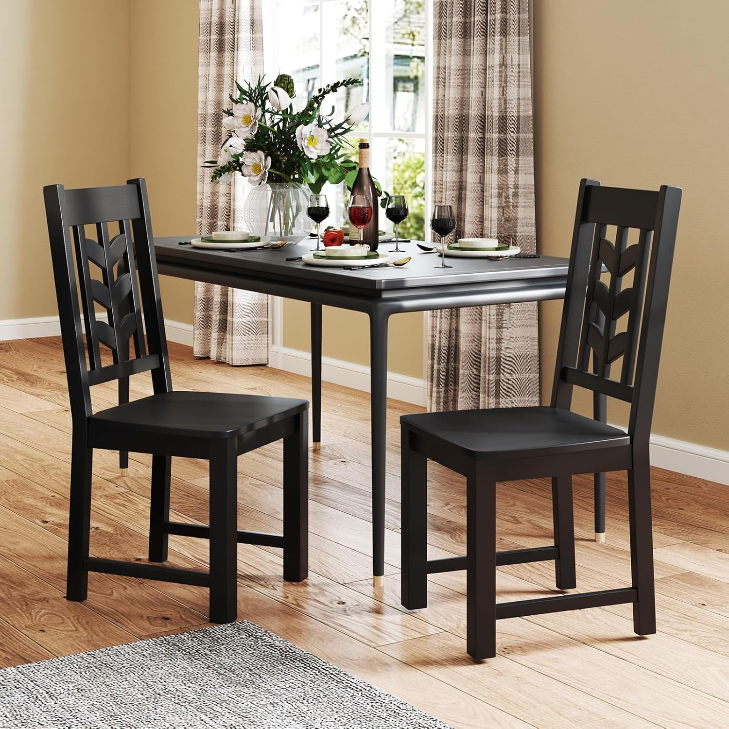 Giantex Wooden Dining Chairs Set of 2, Kitchen Chairs w/Rubber Wood Frame & Leaf-Shaped High Back, Max Load 400 LBS, Farmhouse Armless Dinette Side Chairs for Living Dining Room Restaurant, Black