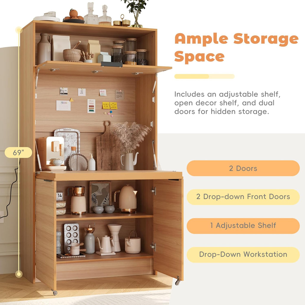 69'' Tall Kitchen Pantry Cabinet with Foldable Workstation, Kitchen Food Pantry Hutch with Adjustable Shelf, Folding Secretary Desk with Storage Hutch for Living Room, Dining Room (Natural)