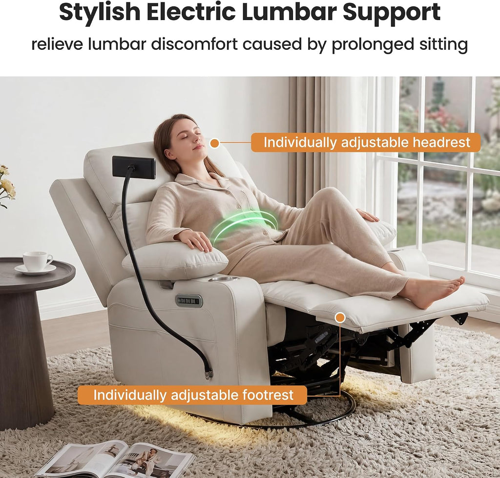Rocking Chair Nursery with Adjustable Armrests,Power Recliner Chair, Beige | Glider Rocker with Adjustable Headrest And Electric Lumbar Support, Nursing Chair for Breastfeeding, with USB, Cup Holder