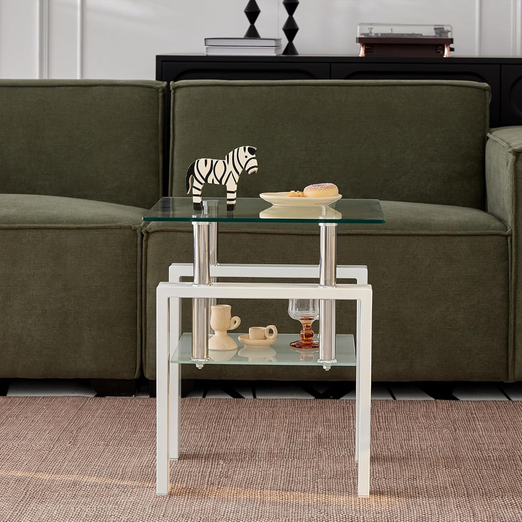 1PC Glass End Table - Modern Two Tiered Clear Nightstand Side Tables, Square Tempered Glass Table with White Metal Frame for Living Room or Bedroom 17.72" x 17.72" x 20.47"H