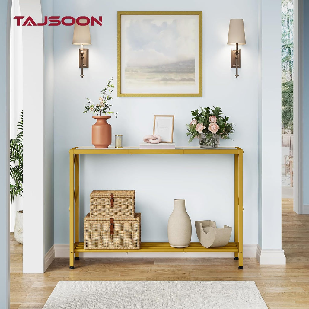 Tajsoon Entryway Table 41.8”, 2-Tier Entry Way Console Entrance Table, Narrow Sofa Table with Shelves, Ideal for Hallway, Entryway, Living Room, Foyer, Corridor, and Office (Gold & White)