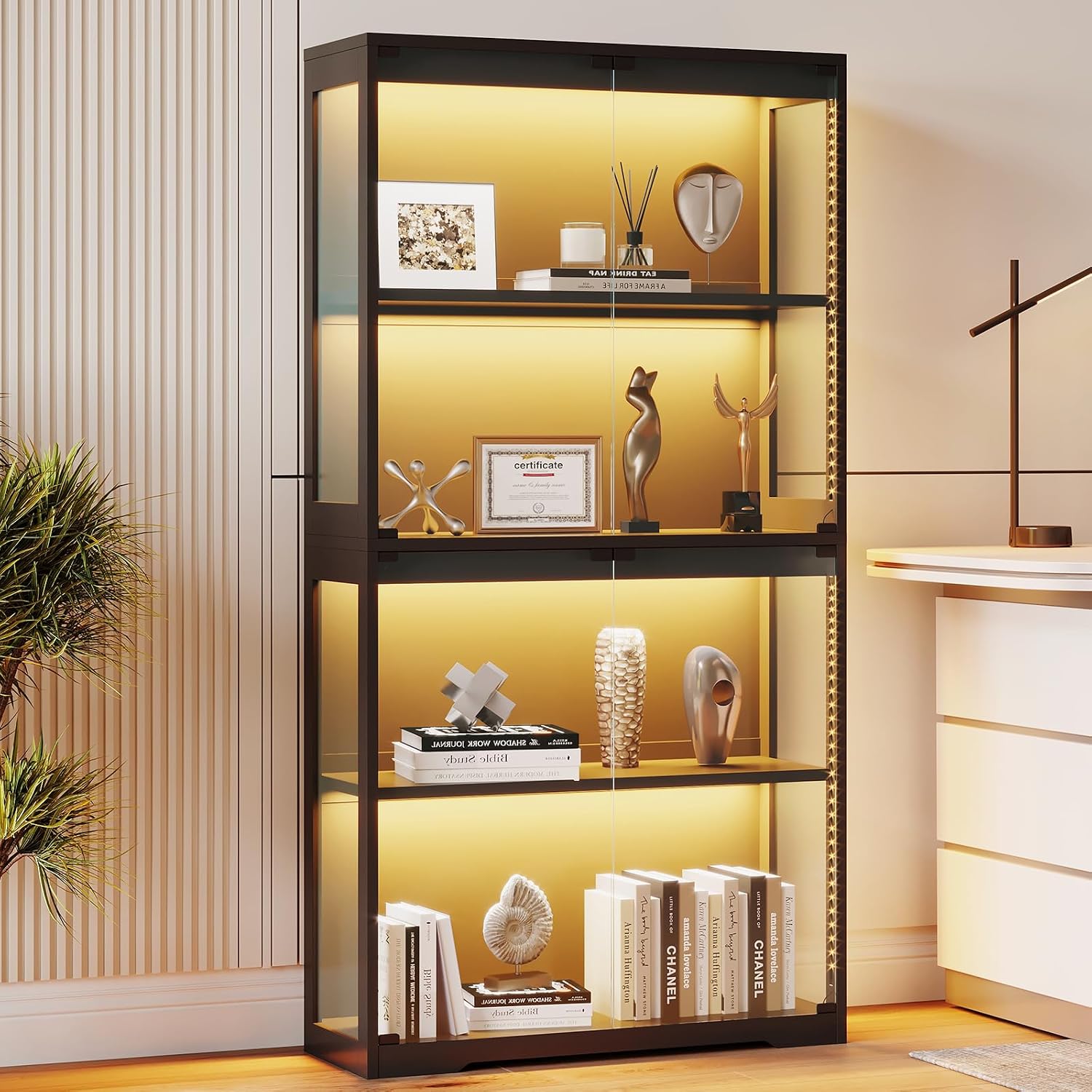 AODK Glass Display Cabinet with Glass Doors, RGB Light Display Case, 4-Tier Storage Cabinet Display Shelf for Showcase, Black Curio Cabinet for Collectibles