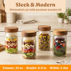 EDELHAUS 4 Pack Glass Salad Jars with Wooden Lids for Meal Prep, Leakproof Container with Two Small Built in Cups for Wet/Dry Separation for Salad Dressing and Ingredients, 32oz Mason Jars (Acacia)