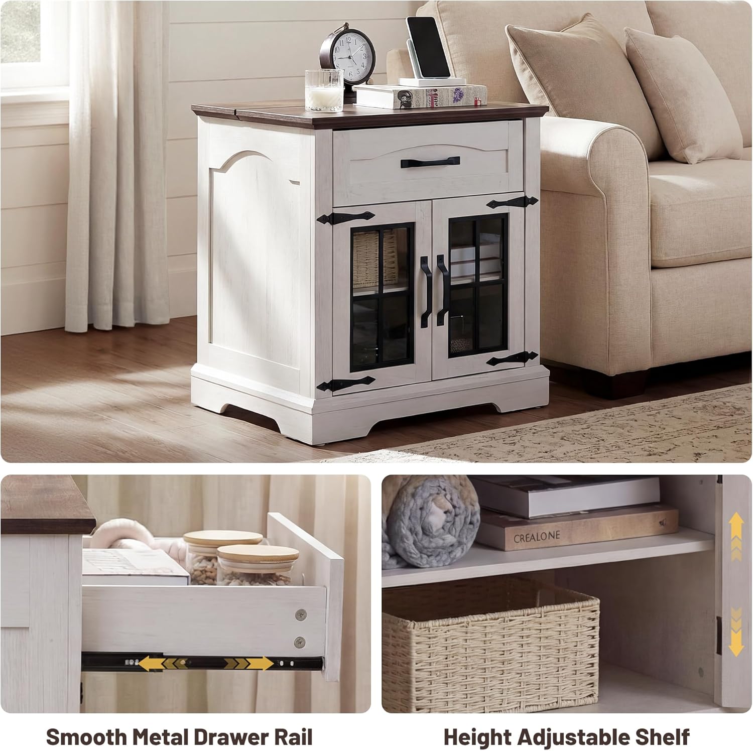 23.6"W Farmhouse End Table Set of 2 with Hidden Charging Station, Side Table with Drawer for Sofa Couch or Bedside, Rustic Wooden Nightstand with Storage for Living Room, Bedroom (Off White Walnut)