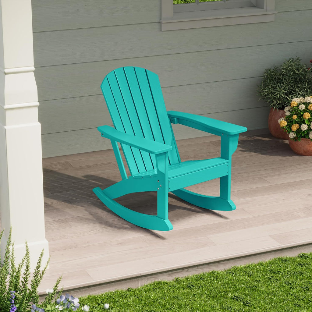 Costaelm Outdoor Adirondack Chair, All Weather Resistant Lawn Chairs Balcony Chair and Fire Pit Chairs, Deck Chairs Outdoor Porch Rocking Chair High Back HDPE Poly Lumber, Turquoise