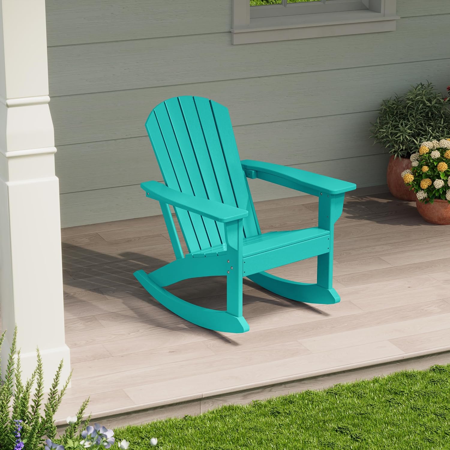 Costaelm Outdoor Adirondack Chair, All Weather Resistant Lawn Chairs Balcony Chair and Fire Pit Chairs, Deck Chairs Outdoor Porch Rocking Chair High Back HDPE Poly Lumber, Turquoise