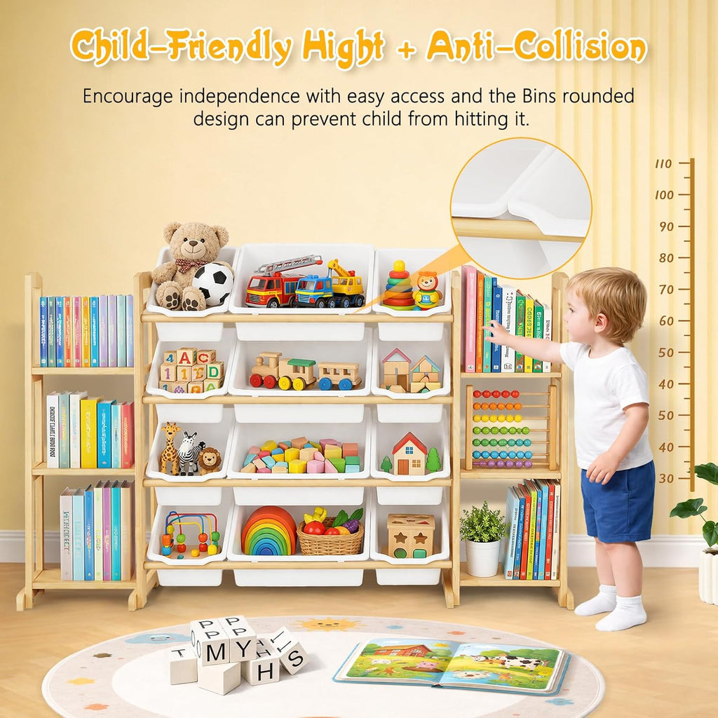 Toy Storage Organizer with Bookshelf – Wooden Toy Organizer with 12 Toy Bins & 6 Tier Bookcase,Quick Assembly Kids Bookshelf,Toy Bin for Playroom, Bedroom, Nursery– White