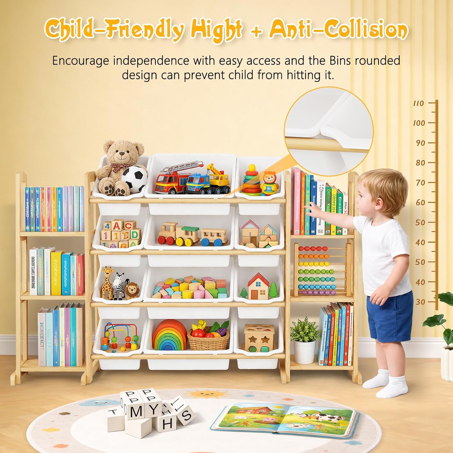 Toy Storage Organizer with Bookshelf – Wooden Toy Organizer with 12 Toy Bins & 6 Tier Bookcase,Quick Assembly Kids Bookshelf,Toy Bin for Playroom, Bedroom, Nursery– White