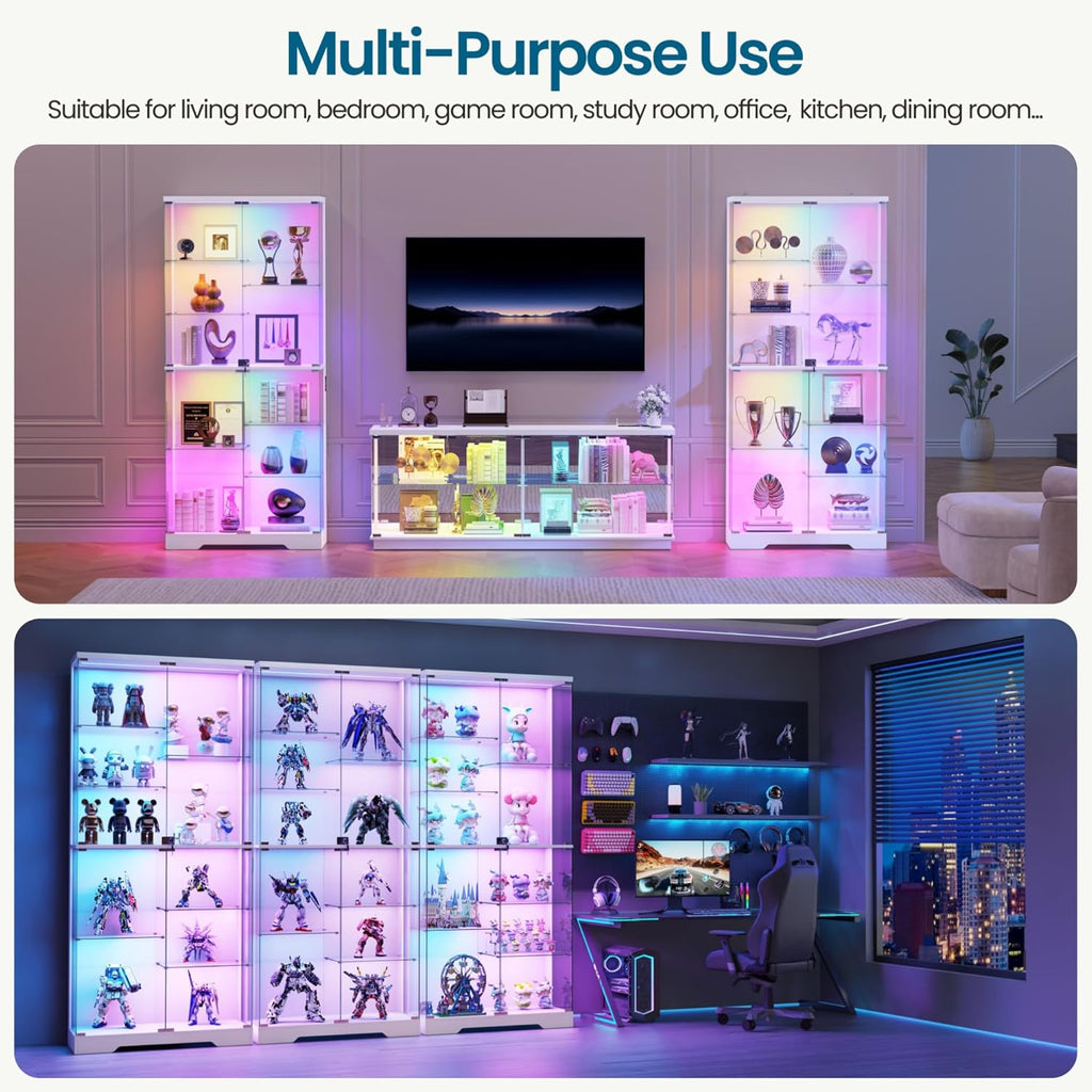 Lvifur 71'' Glass Display Cabinet - with RGB Lights,10-Tier Curio Cabinet with Glass Doors,Lockable Figure Display Case with Human Body Sensor,Tall Showcase Cabinets for Collectibles,White