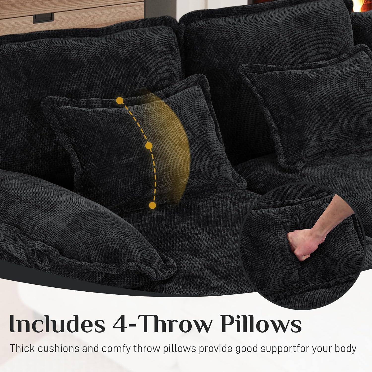 OUYESSIR U Shaped Cloud Sectional Couch, 132" Fluffy Modular Sofa Set with Double Chaise Lounge Central Console & USB Port, Comfy Chenille Big Sectional Couches for Living Room, Dark Black