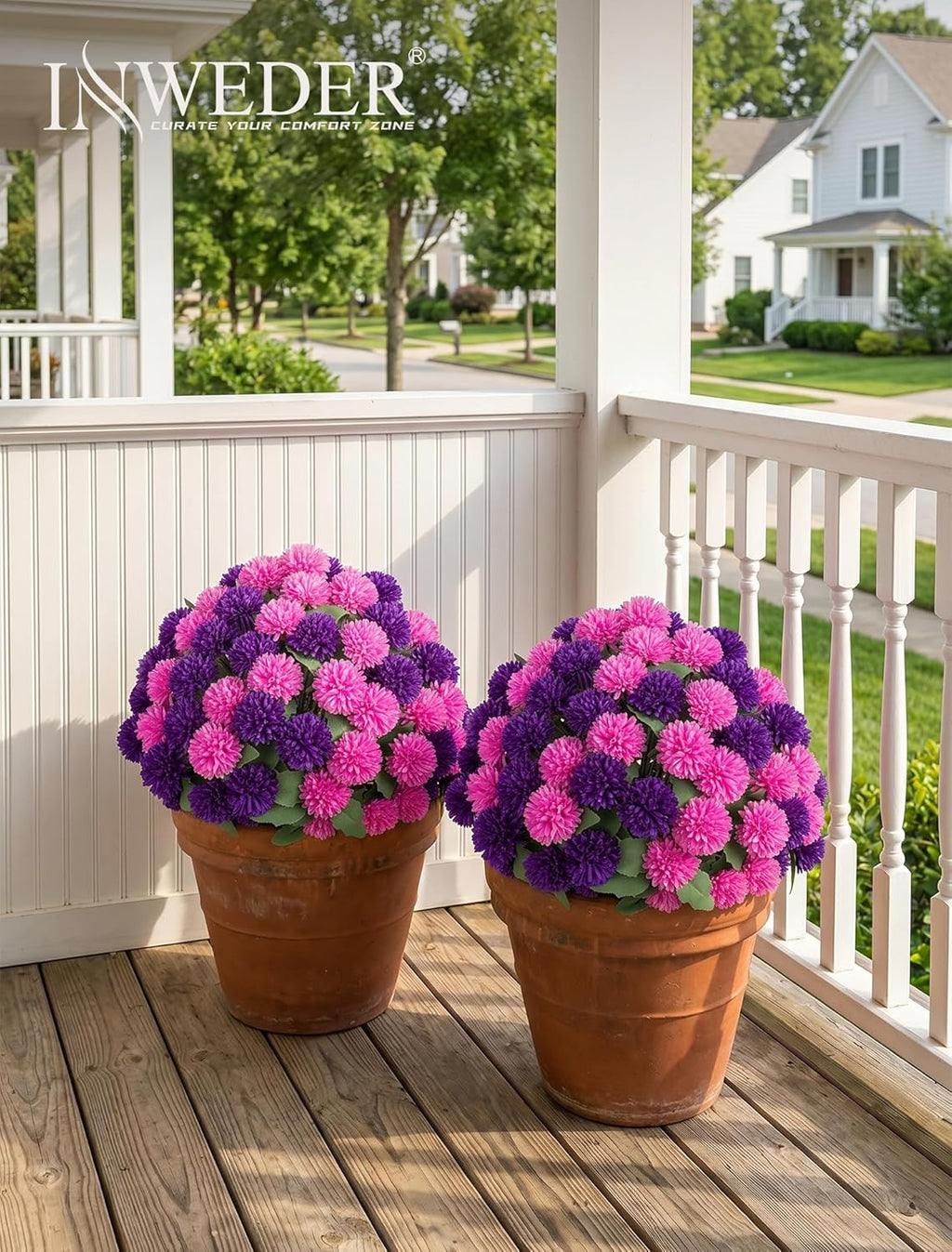 Artificial Mum Topiary Ball: 33" Fake Chrysanthemum Flower with Spike Set of 2 for Front Porch Decor - Purple Pink Faux Bushes Plants with Spike for Outdoor Indoor Garden Patio Entryway