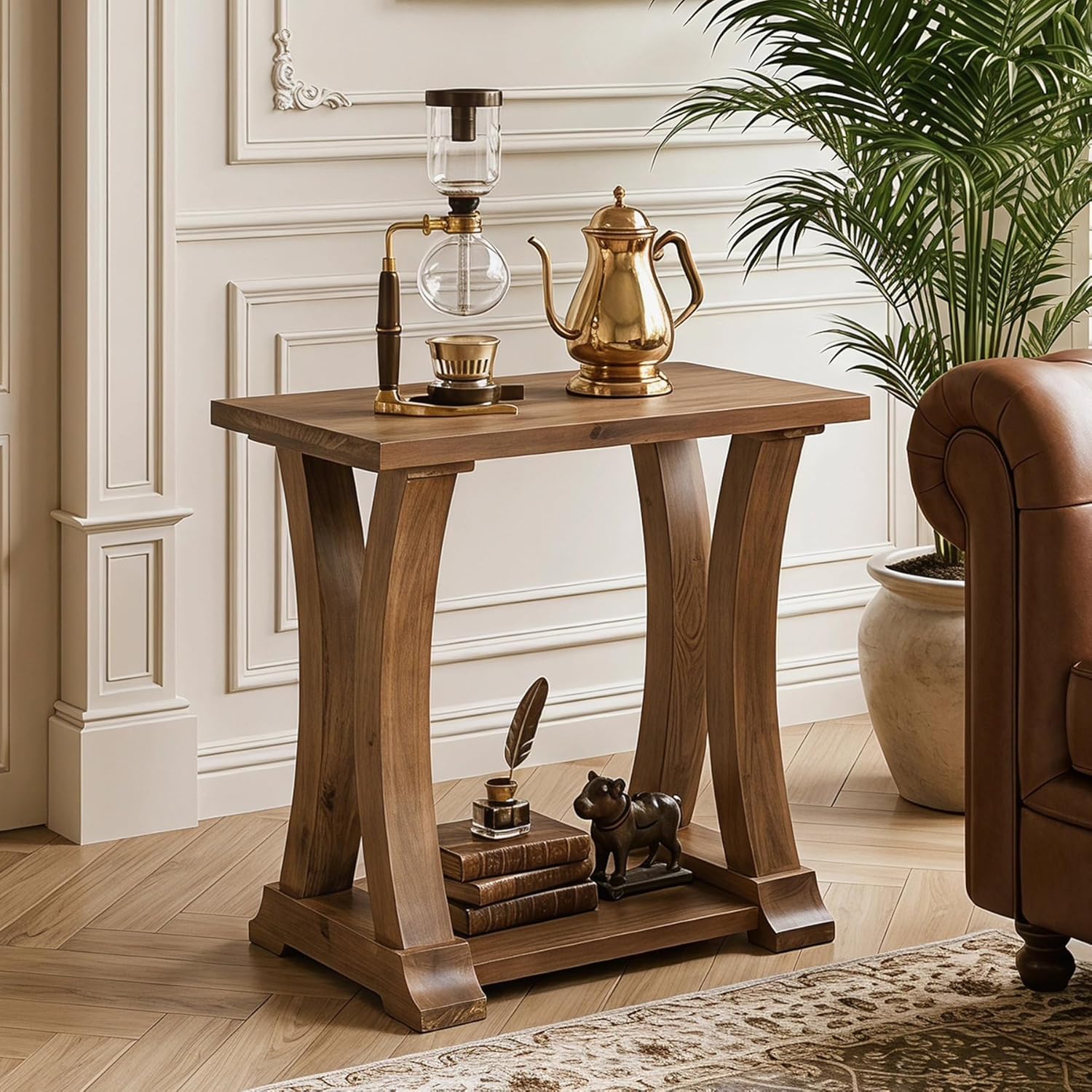 LITTLE TREE Solid Wood End Table, Narrow Side Table with Lower Storage Shelf, Rustic Accent Sofa Side Table for Living Room, Bedroom, Small Space