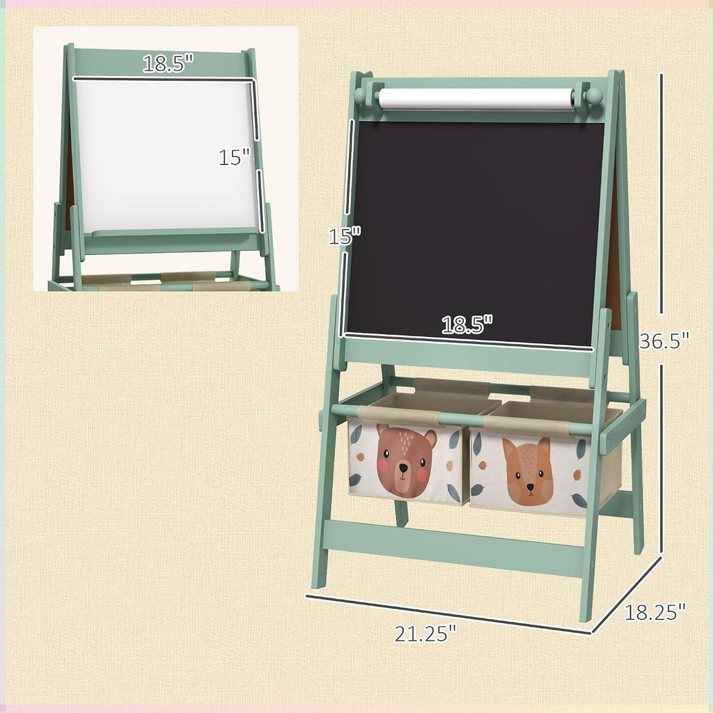 Art Easel for with Paper Roll, 3 in 1 Toddler Painting Easel with Blackboard, Whiteboard, Storage Baskets, Green LB862