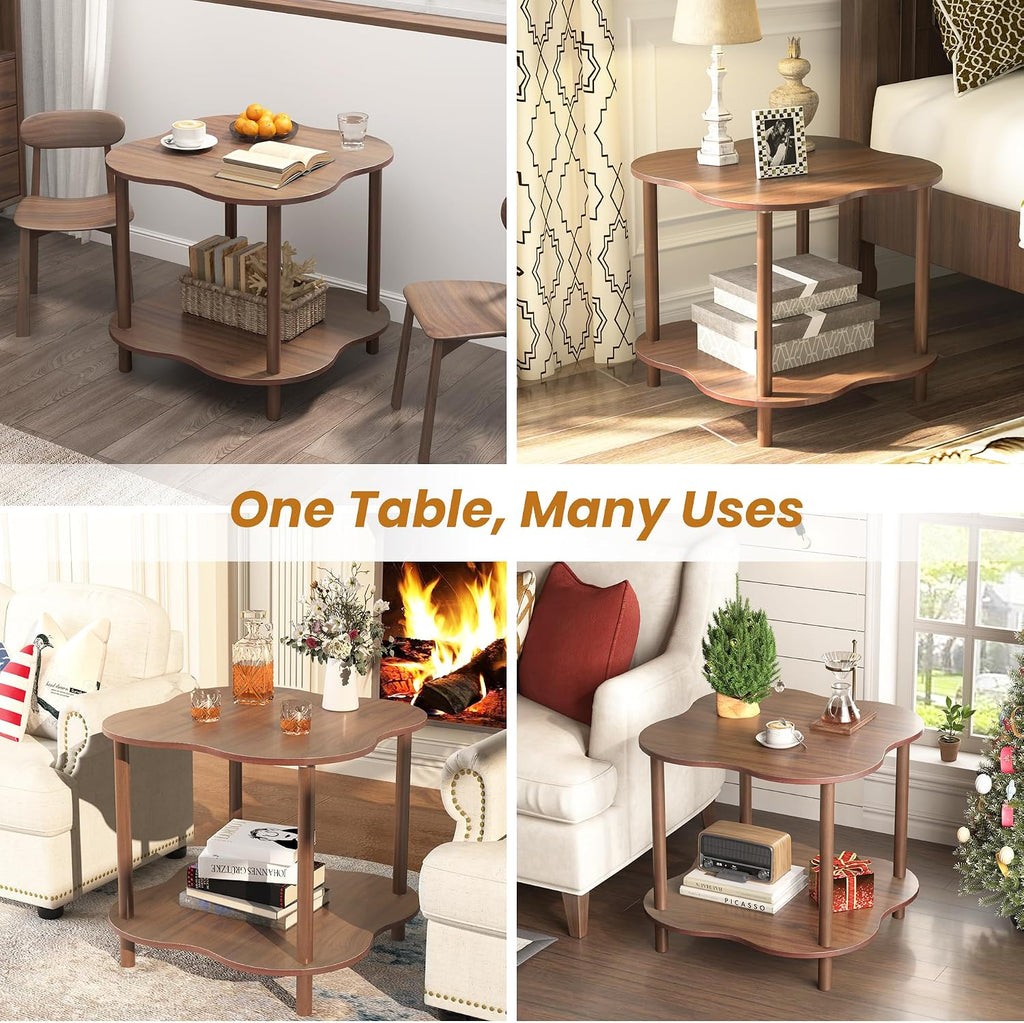 Wood End Side Table with Storage Shelf, 2-Tier Flower Shaped Coffee Table for Living Room, Walnut Sofa Tables, Modern Accent Side Tables for Couch, Farmhouse Nightstand for Bedroom, Small Spaces