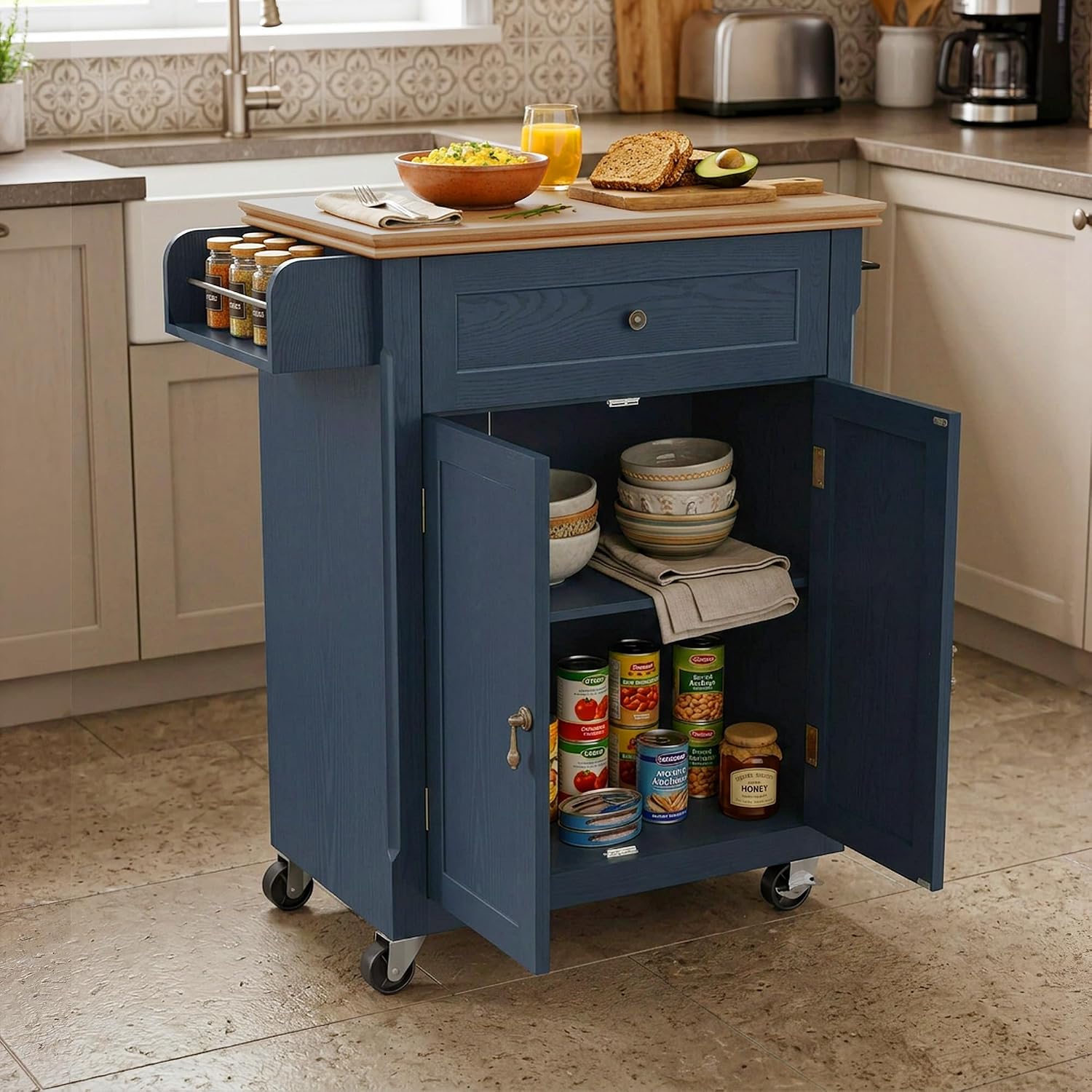 HLR 26'' Small Kitchen Island, Vintage Wood Rolling Kitchen Island Cart with Storage Cabinet and Drawer, Kitchen Cart on Wheels with Spice Rack & Towel Rack for Dining Room, Blue