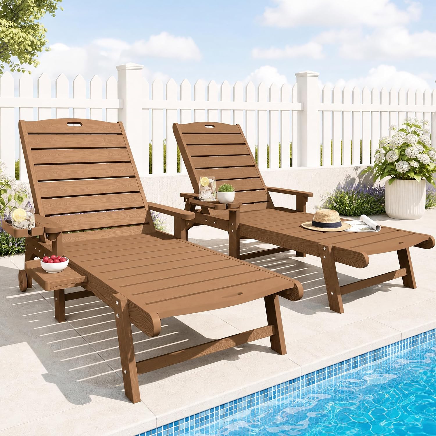 YEFU Chaise Lounge Chairs Set of 2 Outdoor,Pool Lounge Chair with Adjustable Backrest,All Weather Patio Lounge Chair with Cup Holder&Armrest,for Outside,Beach,Deck,Heavy Duty,400lbs Capacity(Teak)