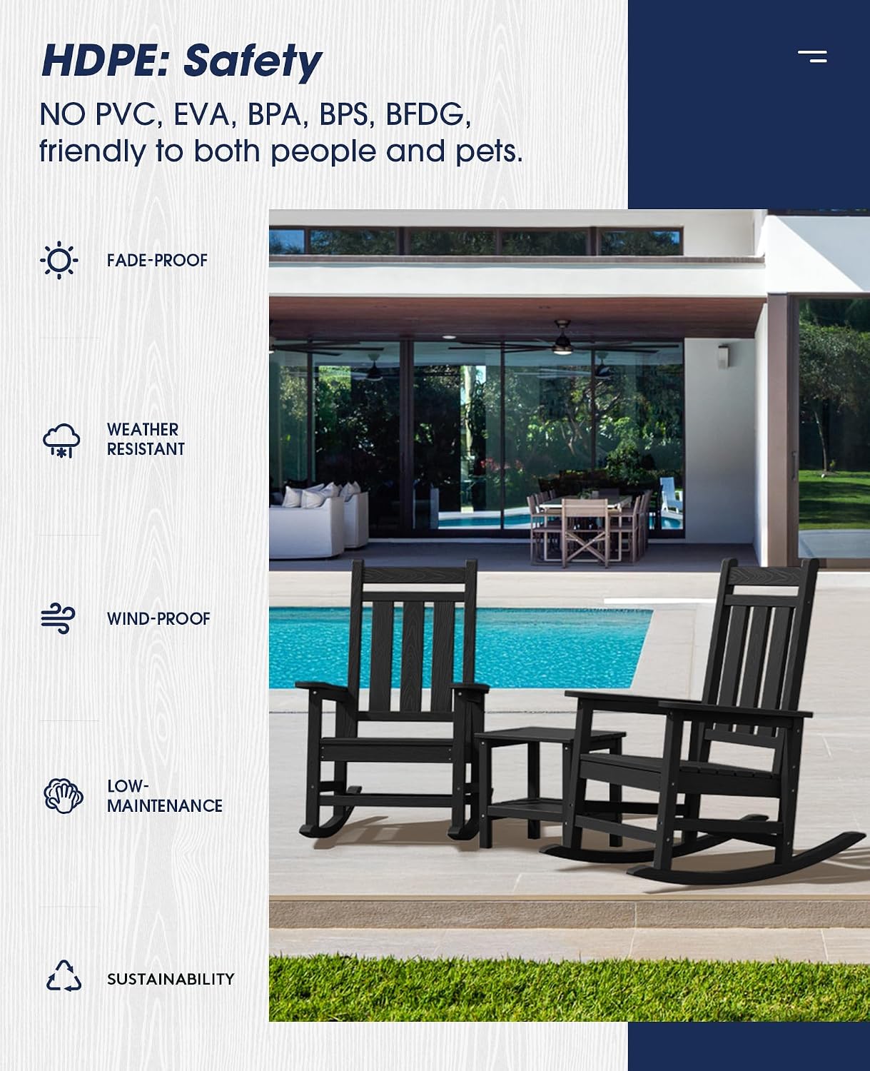 KINGYES Oversized Outdoor Rocking Chair Set of 2, All-Weather Patio Rocking Chairs for Porch, HDPE Outdoor Patio Recliner Rockers with High Back & Wide Seat for Garden, Lawn, Black