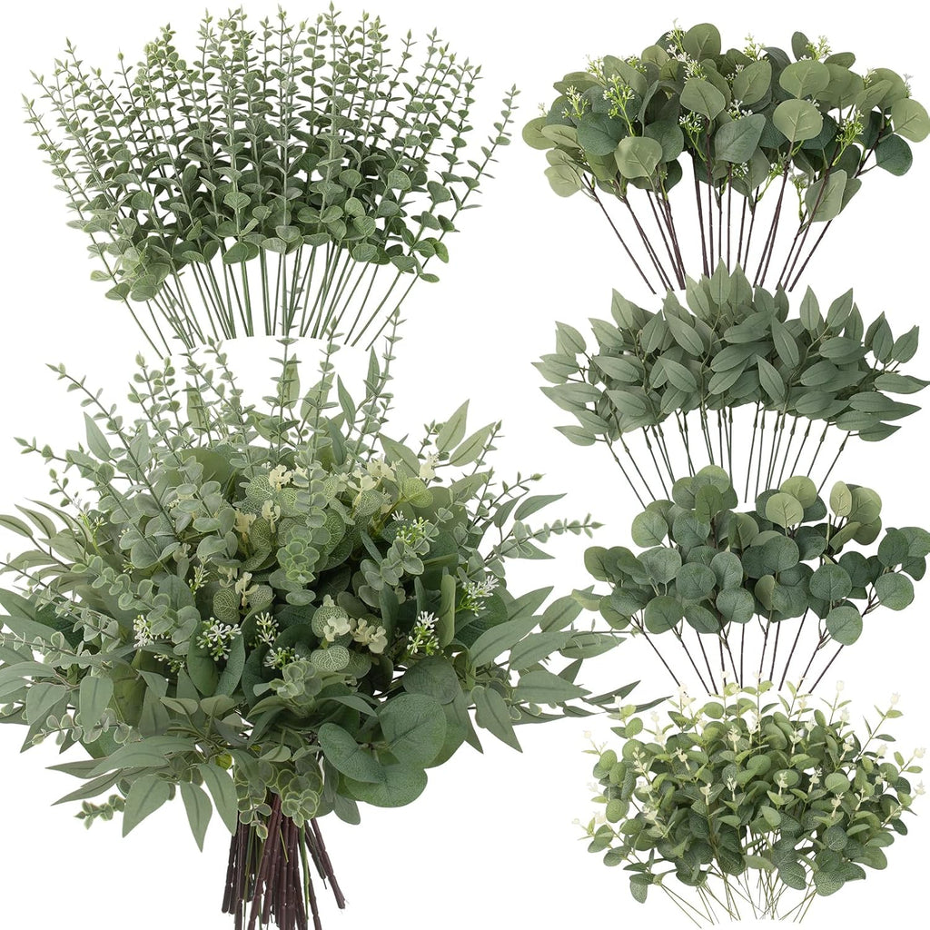 lovemoon 130 Pcs Artificial Mixed EucalyptusStems Bulk, 5 Kinds of Faux GreeneryEucalyptus Leaves Bulk for Vase Wedding DIY Bouquets Floral Arrangement Home Decor (130, Green)