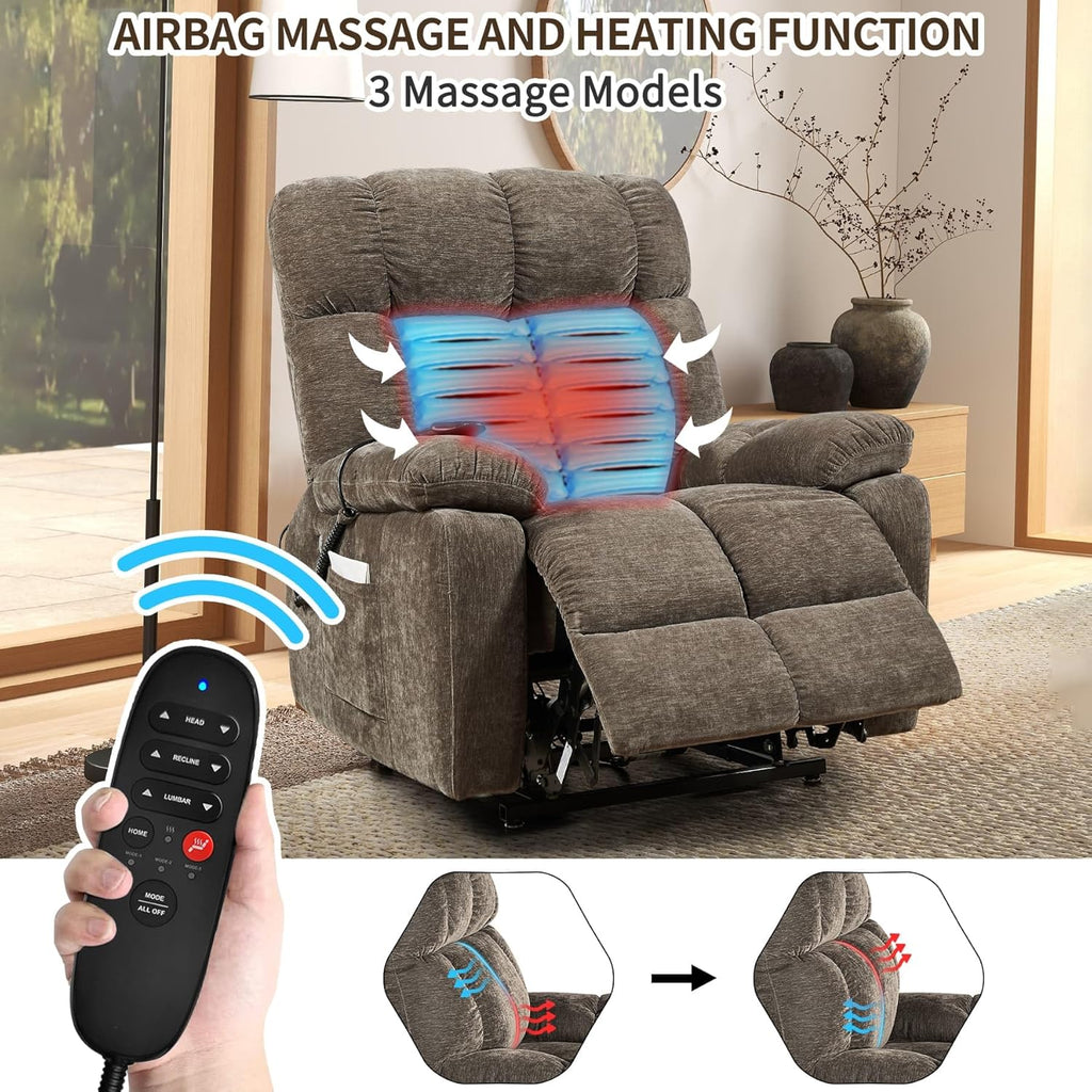 Lay Flat Sleeping Dual Motor Lift Recliner Chair with Massage and Heating for Elderly,Infinite Position Soft Fabric Power Electric Recliner Chair (Brown-180-Lay Flat-No Cup Holder)