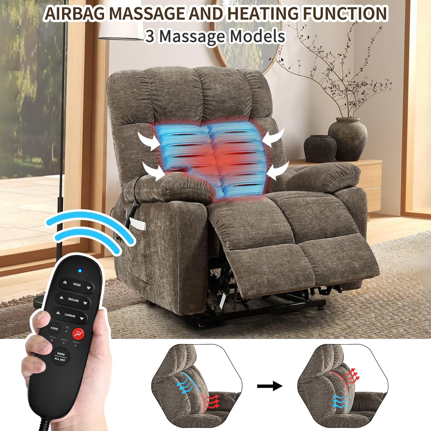 Lay Flat Sleeping Dual Motor Lift Recliner Chair with Massage and Heating for Elderly,Infinite Position Soft Fabric Power Electric Recliner Chair (Brown-180-Lay Flat-No Cup Holder)