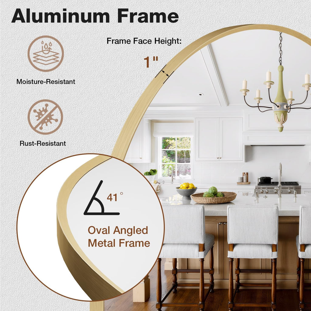 24x36 Inch Brushed Gold Oval Bathroom Mirror, Wall Mounted Vanity Mirror for Over Sink, Tempered Glass with Aluminum Frame, Vertical or Horizontal Hanging