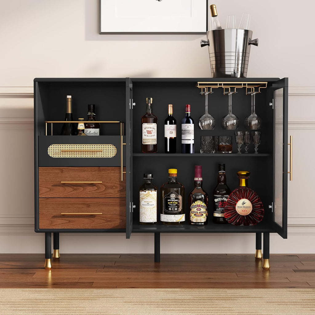 ARTPOWER 48" Coffee Bar Cabinet with Wine Racks and Drawers, Modern Buffet Sideboard with Pull-Out Wine Storage, Liquor Bar Cart for Kitchen, Dining Room, Living Room (Black)