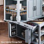 Kitchen Cart with Rubber Wood Drop-Leaf Countertop,Cabinet Door Internal Storage Racks,Kitchen Island on 5 Wheels with Storage Cabinet and 3 Drawers for Dinning Room, Black (Grey+ Blue)