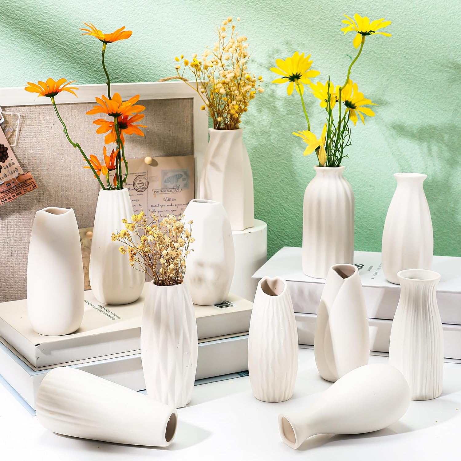 Yaomiao Set of 24 5'' White Ceramic Bud Vase Bulk Boho Rustic Small Flower Vase for Wedding Centerpieces Home Dining Table Decoration DIY Gift, 12 Styles