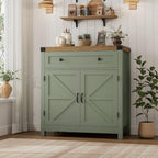 HOSTACK Coffee Bar Cabinet, Kitchen Storage Cabinet, Modern Farmhouse Buffet Sideboard with Drawer & Adjustable Shelf, Barn Door Accent Cabinets for Kitchen, Dining Room, Entryway, Green/Rustic Brown