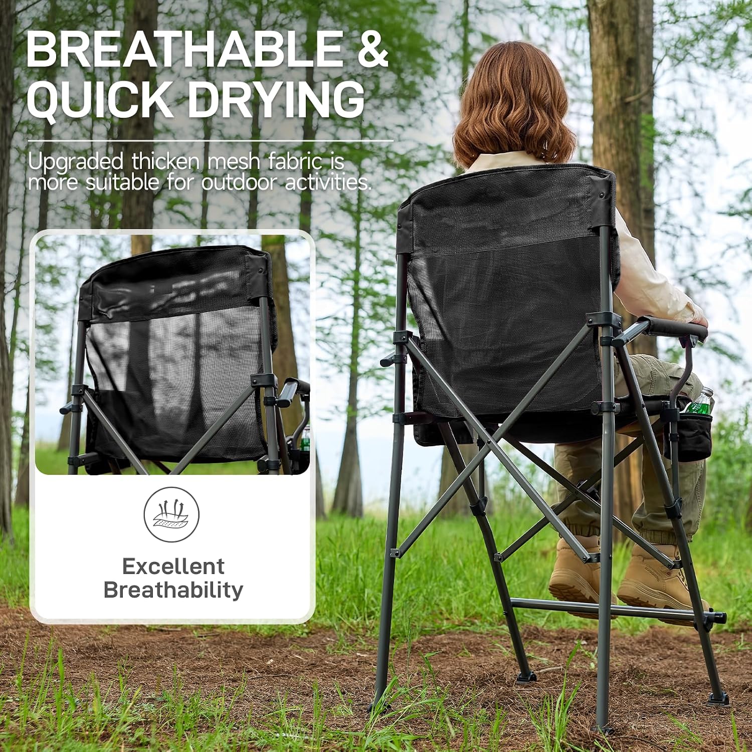 EVER ADVANCED Textilene Mesh Tall Camping Folding Chair 31", Portable Directors Chair, Bar Height Camping Chair with Carry Bag and Footrest, Armrest, Heavy Duty Supports 300 Lbs Black