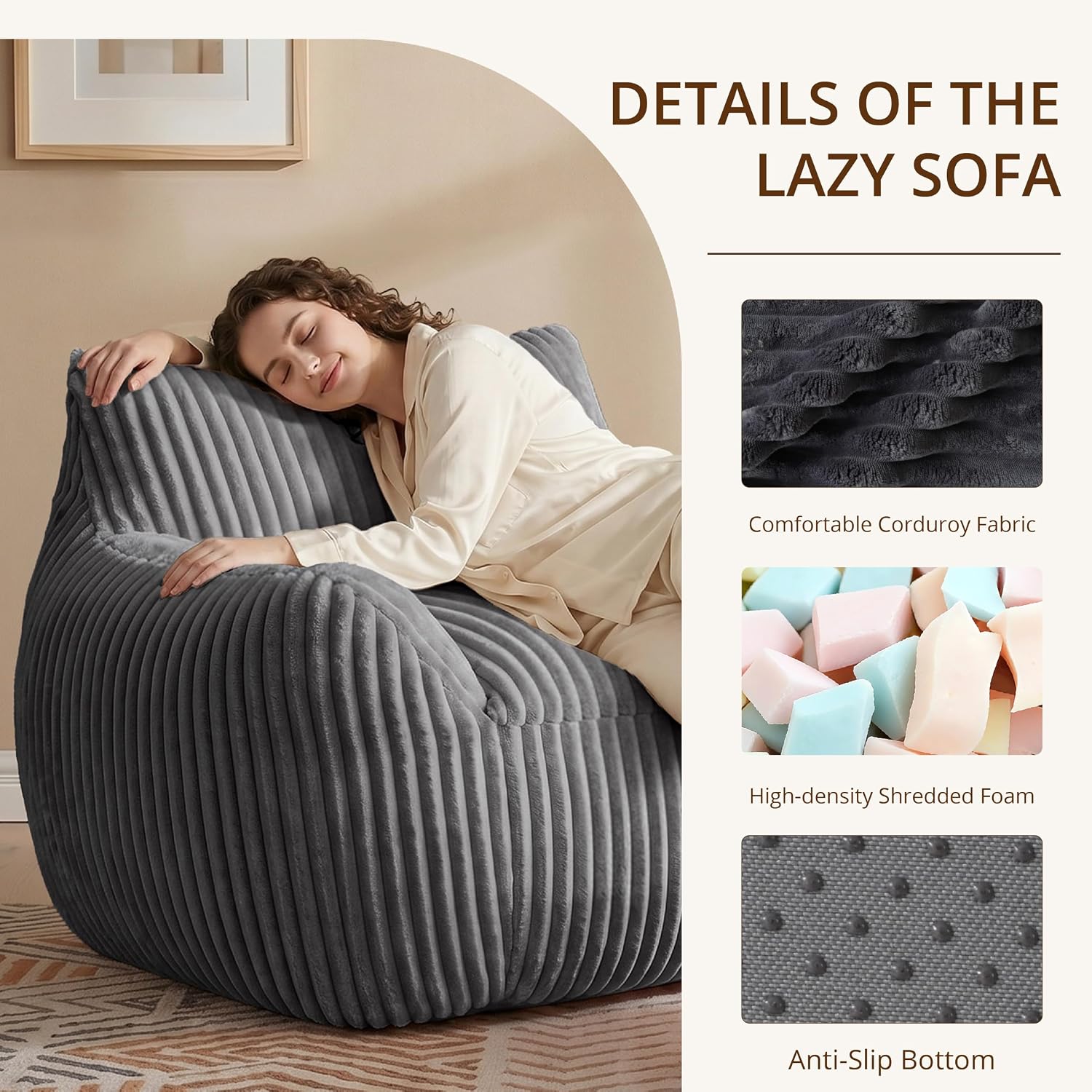 Giant Bean Bag Chair for Adults, Large Bean Bag with Ottoman | Cloud Comfy Bean Bag with Backrest & Armrests, Stuffed Beanbag Chair for Reading, Gaming, Napping, Gray