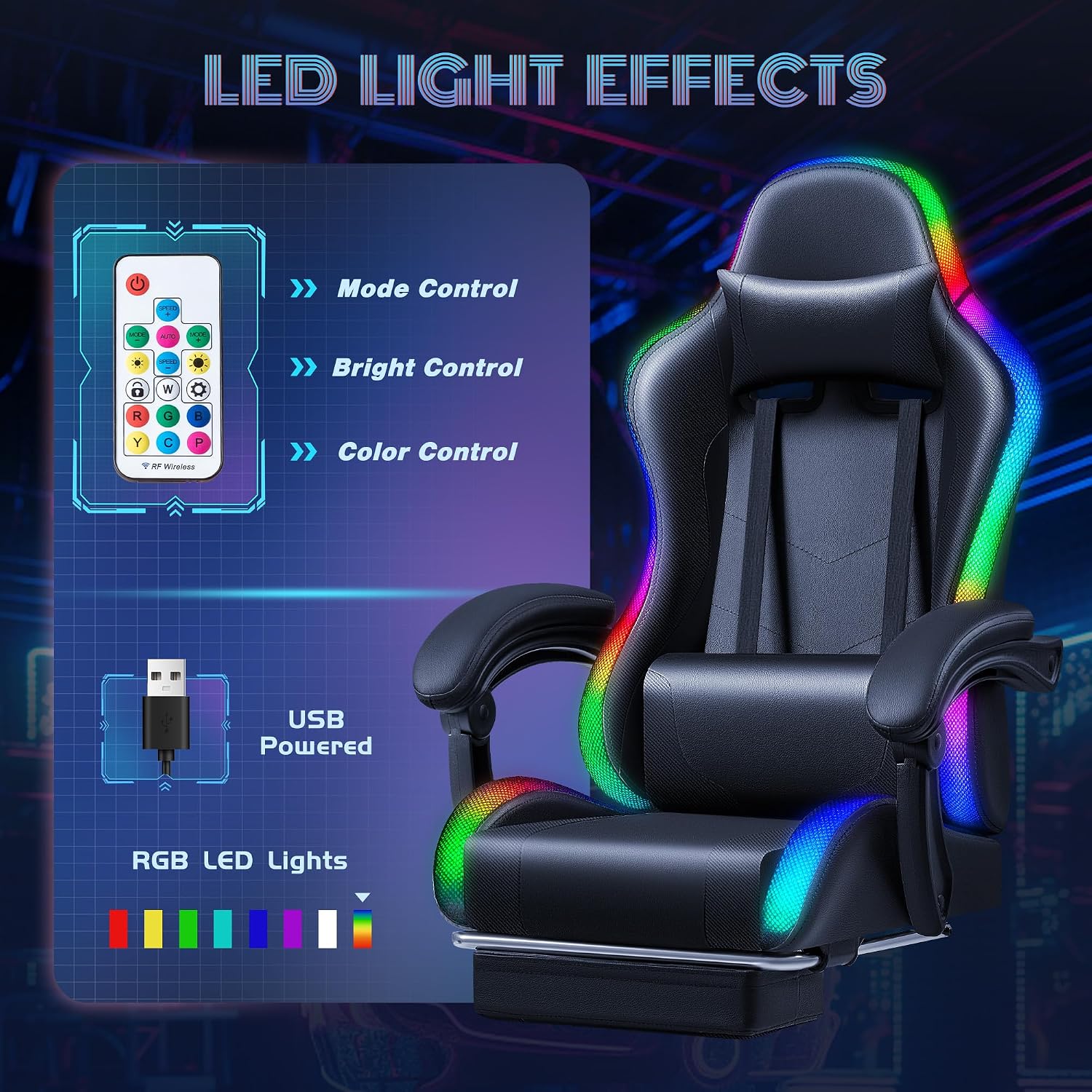 Furmax Gaming Chair with RGB LED Lights, Video Game Chair with Footrest and Massage Lumbar Support, High Back Reclining Computer Chair with Headrest, Swivel Seat Gamer Chair (LED Black)