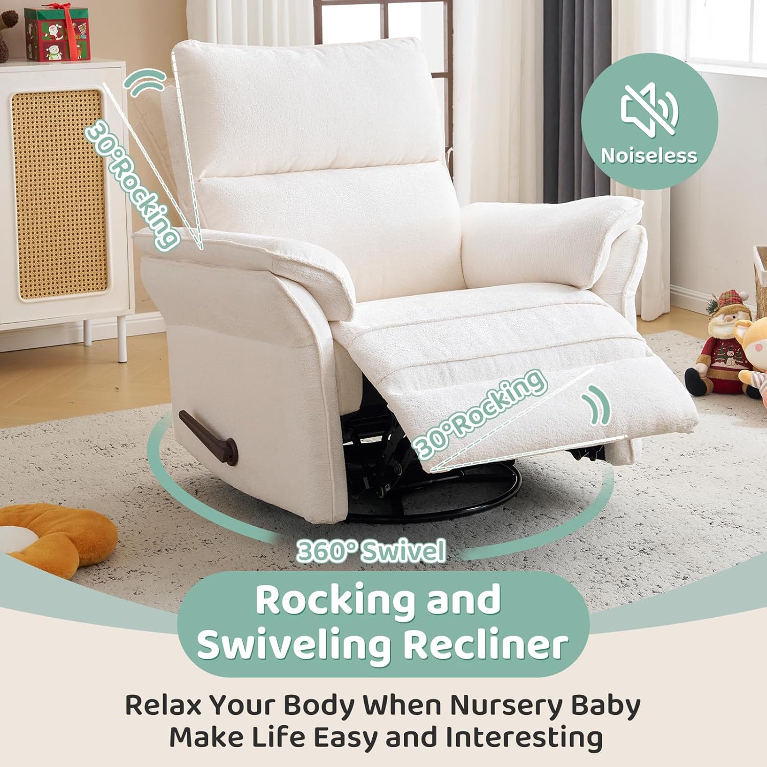 Swivel Rocker Recliner with Adjustable Headrest,Upholstered Glider Rocker Recliner with Overstuffed Armrest,Manual Recliner Nursery Chair for Living Room,White