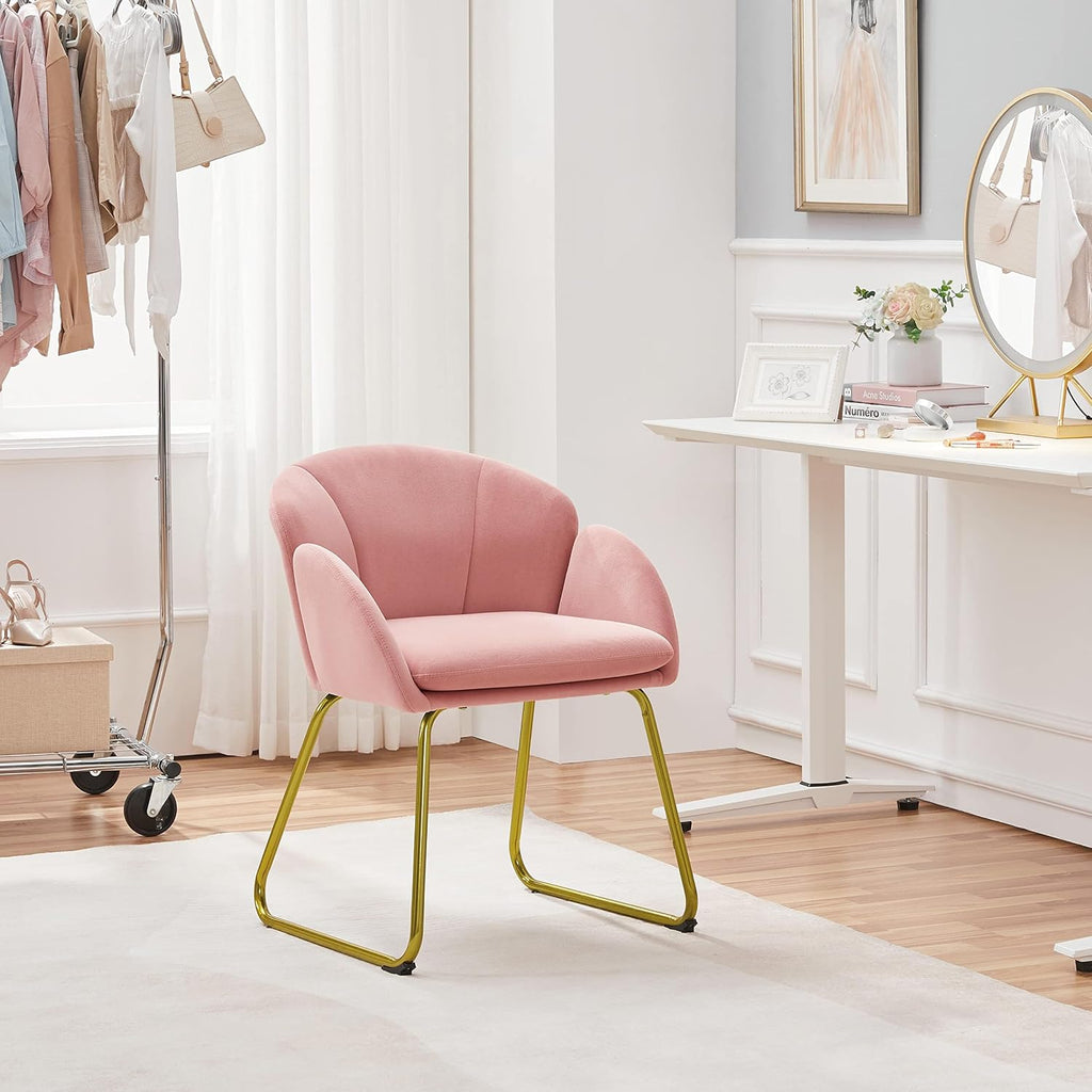Yaheetech Flower Shape Vanity Chair with Petal Armrests, Pink | Velvet Makeup Chair no Wheels with Golden Metal Legs, Modern Side Armchair with Back for Living Room/Bedroom/Home Office