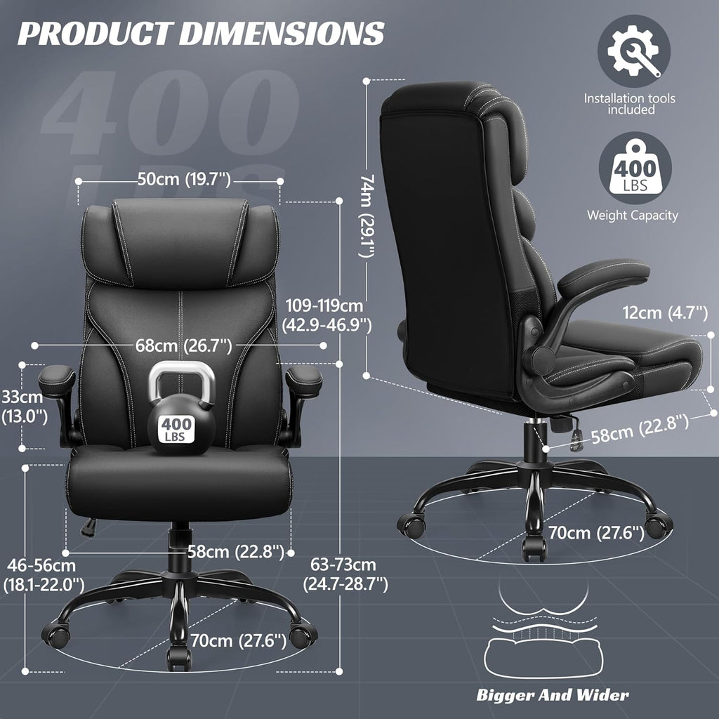 HeroSet Office Chair, Ergonomic Big and Tall Computer Desk Chairs, Executive Breathable Leather Chair with Adjustable Flip-up Armrests, Lumbar Support Swivel PC Chair with Rocking Function,Matte Black