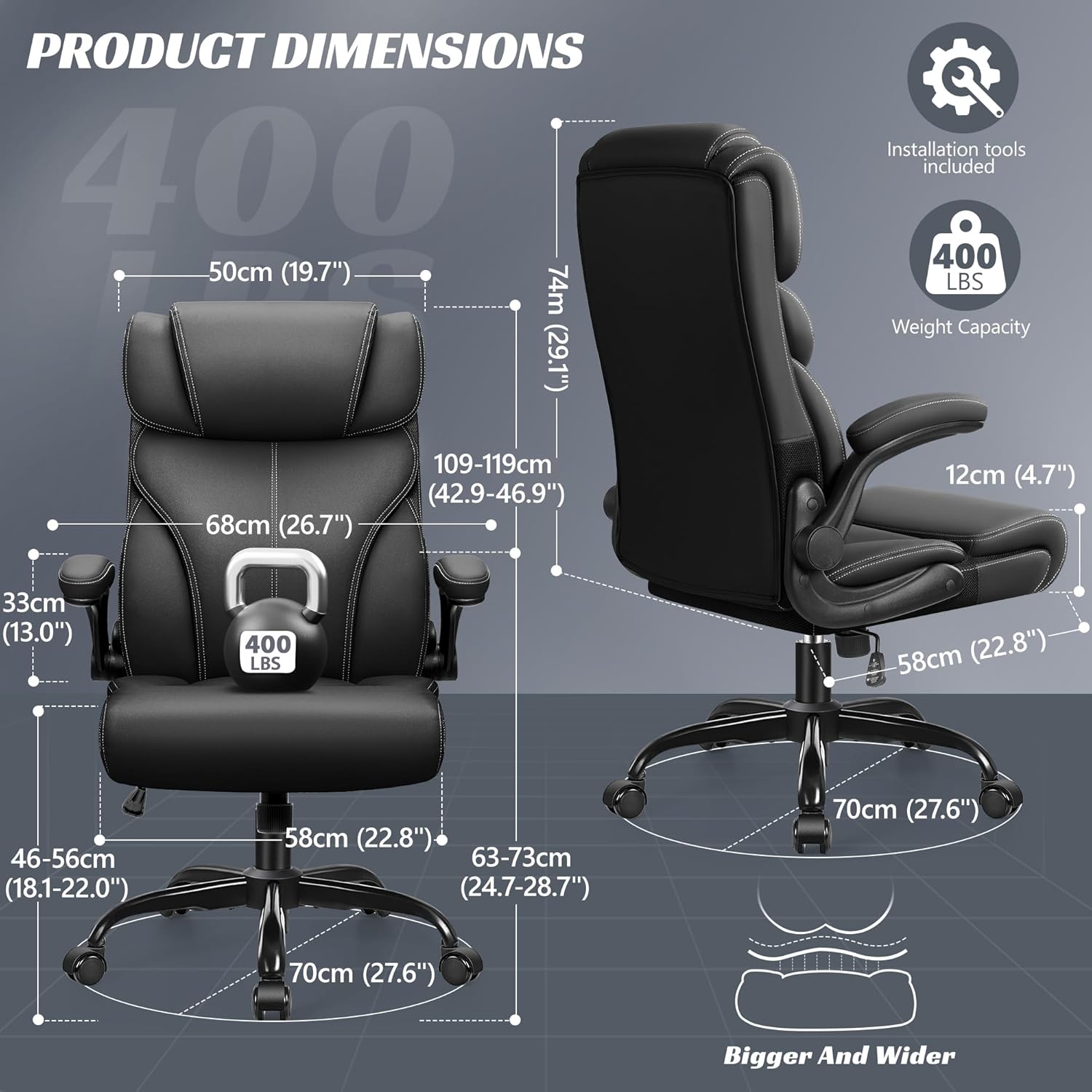 HeroSet Office Chair, Ergonomic Big and Tall Computer Desk Chairs, Executive Breathable Leather Chair with Adjustable Flip-up Armrests, Lumbar Support Swivel PC Chair with Rocking Function,Matte Black