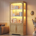 69" Tall Display Cabinet with Glass Doors, Curio Cabinet with 3 LED Lights and Human Body Sensor, Glass Display Case with Storage Cabinet for Living Room, Oak