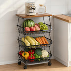 VECELO 4-Tier Fruit Basket with Wheels, Fruit and Vegetable Storage Cart for Kithchen, Stackable Produce Organizer Wire Baskets for Kitchen, Pantry, Living Room