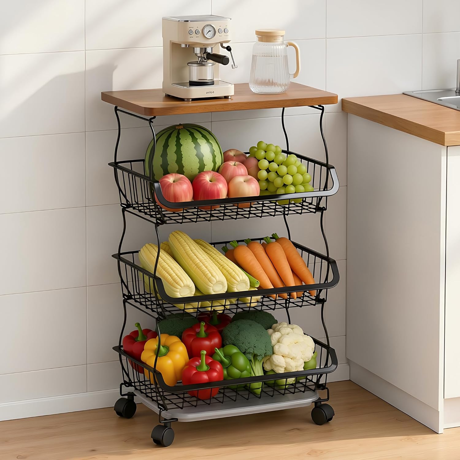 VECELO 4-Tier Fruit Basket with Wheels, Fruit and Vegetable Storage Cart for Kithchen, Stackable Produce Organizer Wire Baskets for Kitchen, Pantry, Living Room